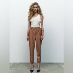 Zara Brown Belted Faux Leather Pants XS NWOT